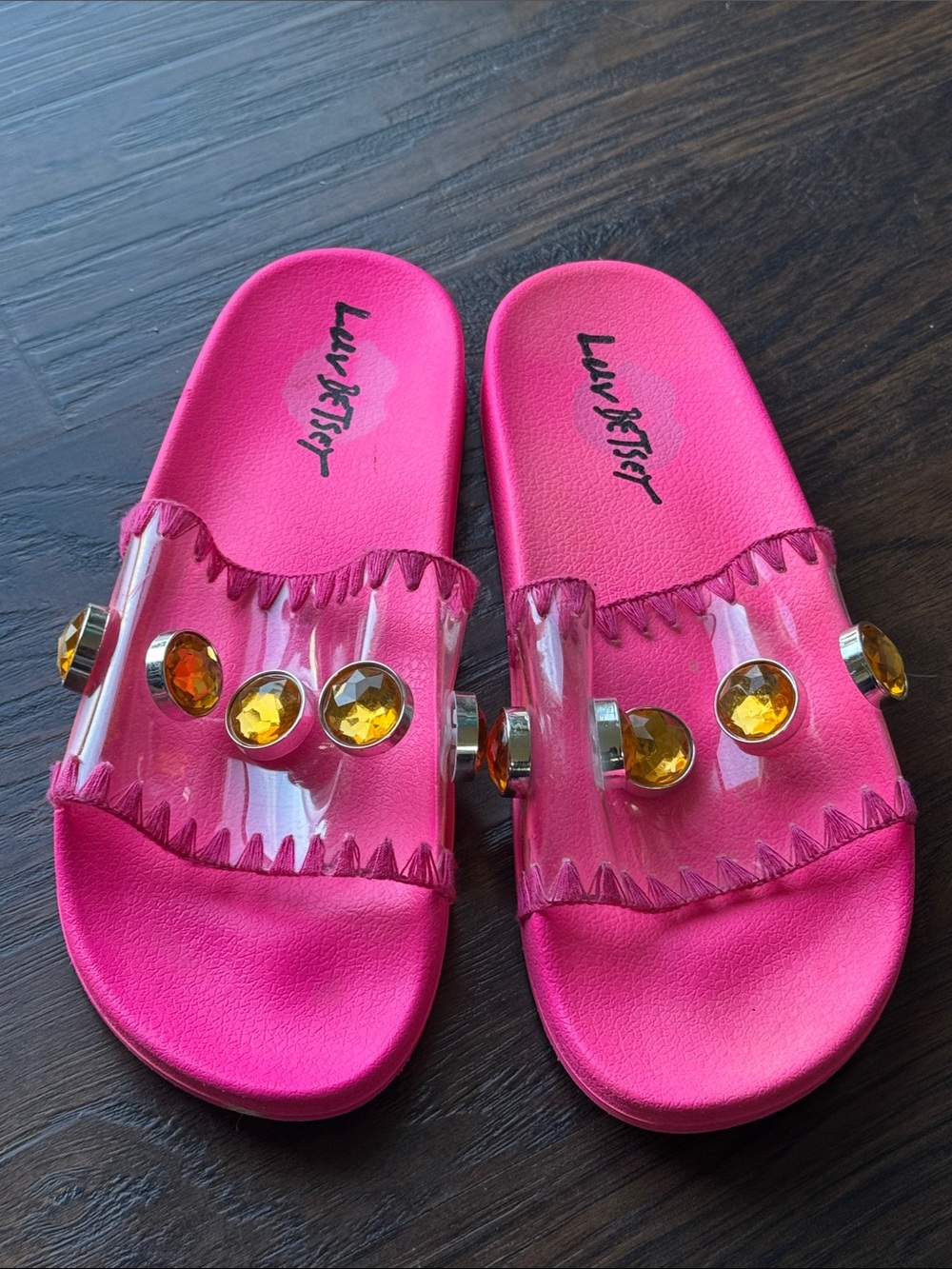 Betsey Johnson Pink Slide Sandals with Amber Gem Accents